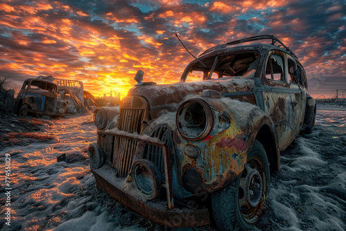 Abandoned rusty car dystopian setting at sunset, dramatic automobile junkyard setting