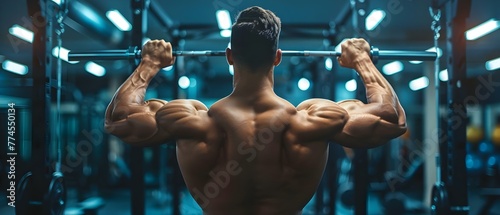 Strengthening Back Muscles: A Bodybuilder Performing Lat Pulldown Exercise. Concept Fitness, Back Muscles, Bodybuilding, Lat Pulldown, Exercise photo