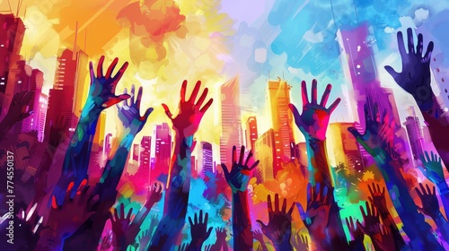 Silhouetted Fists on Vibrant Rainbow Canvas