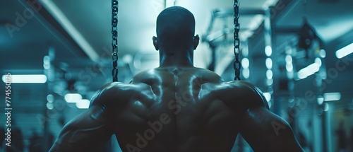 Strengthening Back Muscles: A Bodybuilder's Lat Pulldown Exercise at the Gym. Concept Gym Workouts, Lat Pulldown, Back Muscles, Bodybuilding, Strength Training