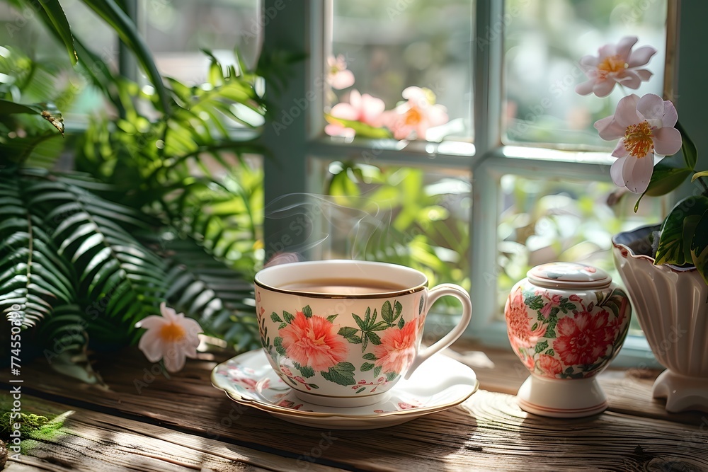 Tranquil Pastel Hued Windowsill with Steaming Cup of Coffee and Lush Ferns Overlooking a Sunlit Garden Tranquil Pastel Hued Windowsill with Steaming Cup of Coffee and Lush Ferns Overlooking a Sunlit Garden