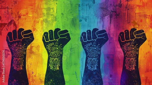 Silhouetted Fists on Vibrant Rainbow Canvas © MDRifat