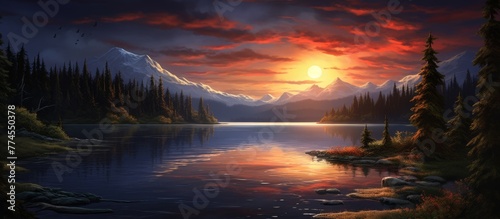 Scenic artwork showing a vibrant sunset casting its colors over a serene lake surrounded by majestic mountains in the backdrop