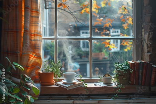 Cozy Autumn Afternoon with Coffee Book and Warm Embrace of Nature s Embrace on Sunlit Windowsill