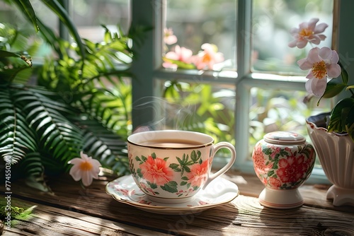 Tranquil Pastel Hued Windowsill with Steaming Cup of Coffee and Lush Ferns Overlooking a Sunlit Garden
