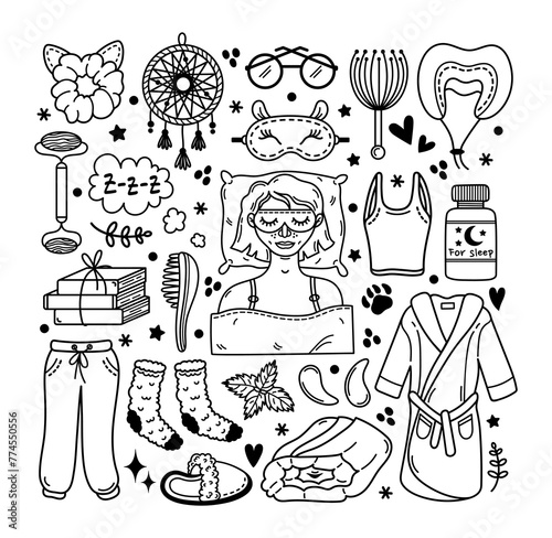 Ready for bed, vector set. Pillow, blanket, dream catcher, sleeping pill, woman sleeps. Sleepwear - pajamas, bathrobe, slippers, socks. Bedtime, night routine, meditation. Hand drawn doodle clipart