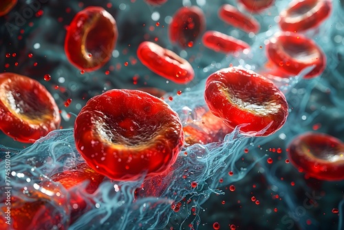 Microscopic Visualization of Flowing Red Blood Cells in a Vein Rendered in Vibrant Watercolor with Precise Detailing Evoking a Sense of Wonder and photo