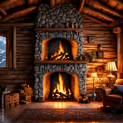 Warm stone fireplace in mountain cabin