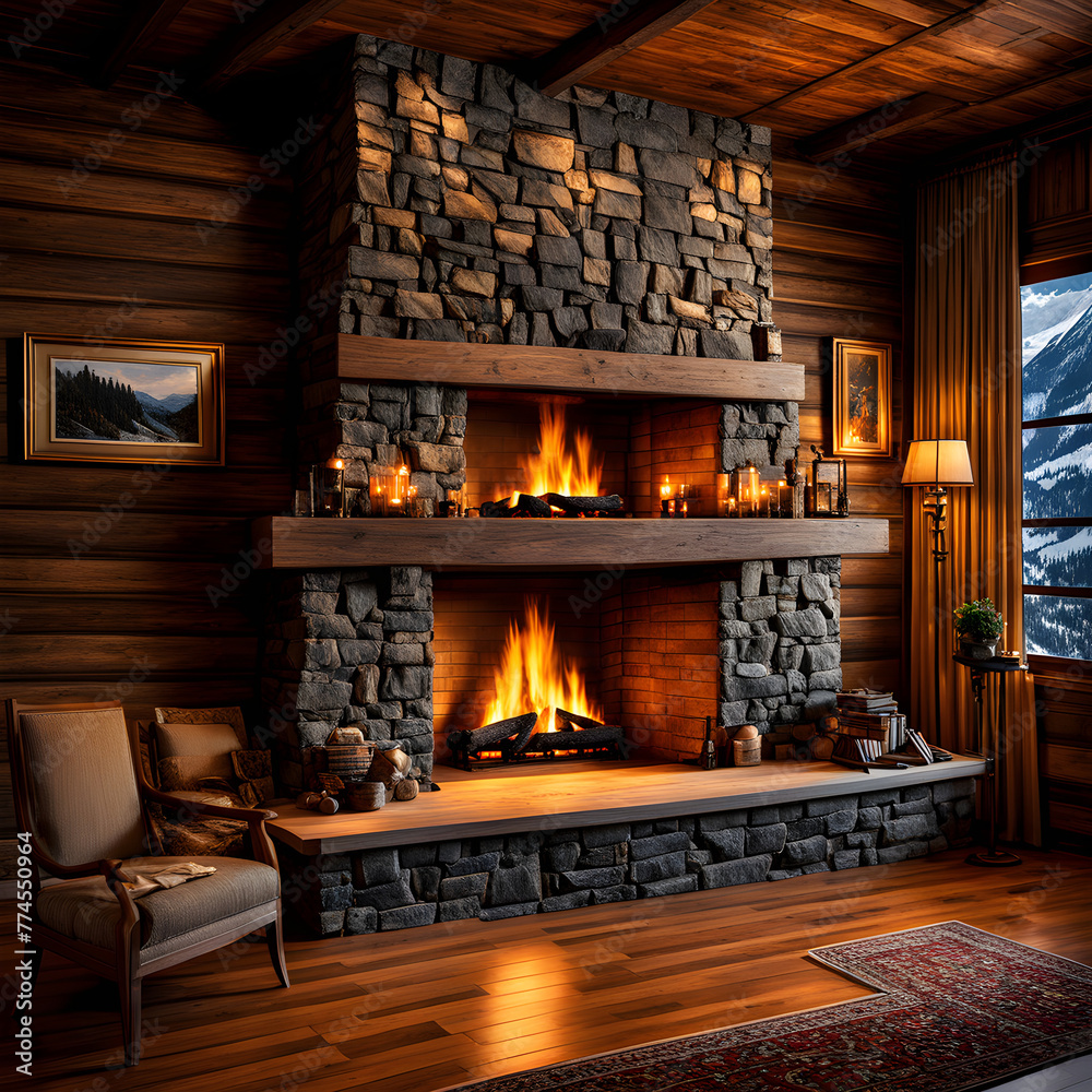 Warm stone fireplace in mountain cabin Warm stone fireplace in mountain cabin