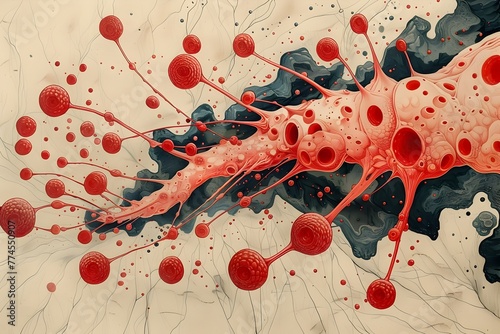 Rapidly Dividing Red Blood Cell Precursors Proliferating in the Stylized Bone Marrow Sketch with Vibrant Fluid Textures and Organic Shapes photo