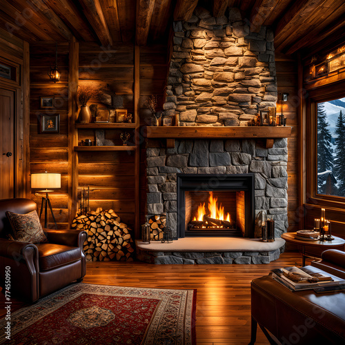 Warm stone fireplace in mountain cabin