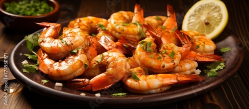 A close up view of a plate filled with succulent shrimp accompanied by a fresh lemon wedge, perfect for a seafood dish.