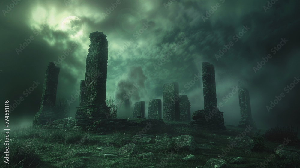 An otherworldly landscape shrouded in mystery with the remains of ancient structures standing tall against the dark sky. . .