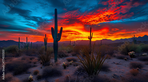 desert sunset, the horizon set ablaze with fiery reds and oranges