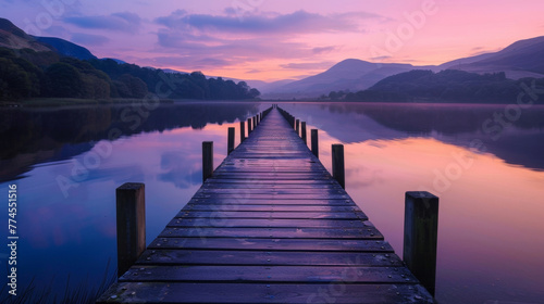 A rustic wooden pier extends out into a tranquil lake its mirrored surface reflecting the deep purples and pinks of a stunning sunset. . .