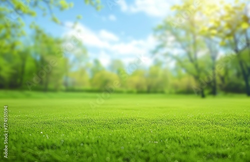 A beautiful blurred background showcases springtime nature, with a neatly trimmed lawn, encircled by trees against a bright sunny day's blue sky with clouds. Made with generative AI technology.