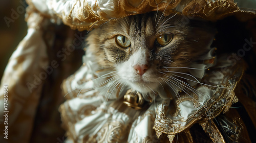 Close up of cat in Renaissance costume. Luxury and retro style in fantacy concept.