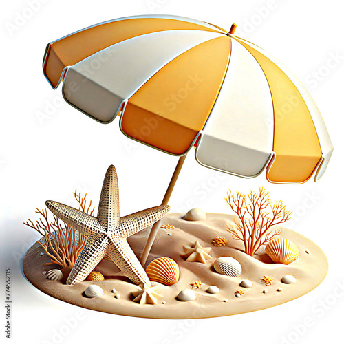 A brightly colored beach umbrella with a starfish next to it
