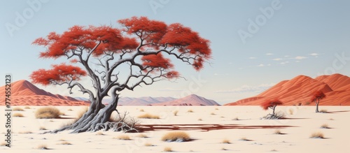 Scenic artwork depicting a vast desert landscape with a solitary tree and majestic mountain in the background photo
