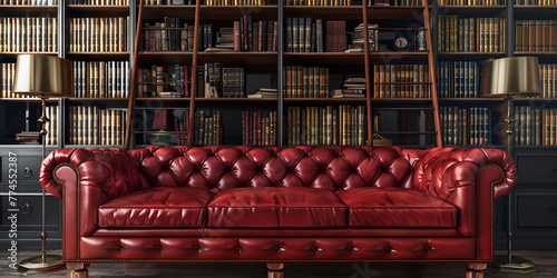  A luxurious brown leather Chesterfield sofa, detailed with railhead trim and plush cushions, evokes a sense of aristocratic charm and comfort Cozy living room with old fashioned bookshelf.