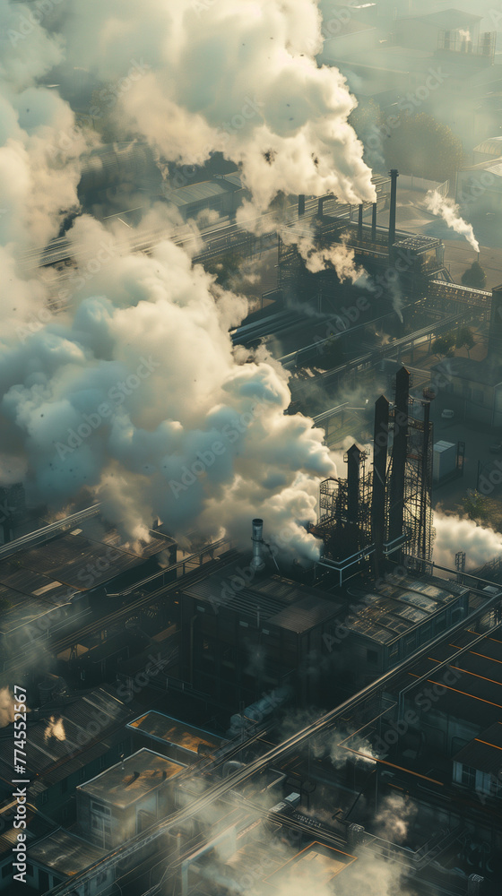 Aerial view of sunrise illuminating an industrial plant’s smoke emissions, creating a dramatic atmosphere. Background for a vertical wallpaper.