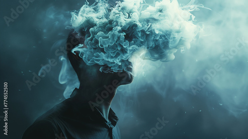 The concept of the disease of Alzheimer, forgetting memories and memory, and mental health issues, symbolized by the blurred head of a man obscured by dense smoke. photo