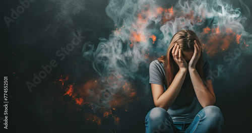 Young blonde teenage girl with head in hands and smoke around - family and personal problems, confusion, stress, anxiety, and mental health issues. Banner on dark background.