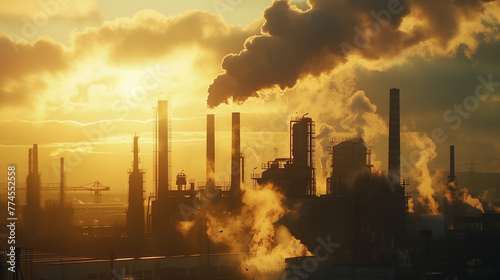silhouette of polluting factories, power plants and industrial buildings emitting dense smoke from their chimneys, at sunset with golden light for an anti-pollution banner