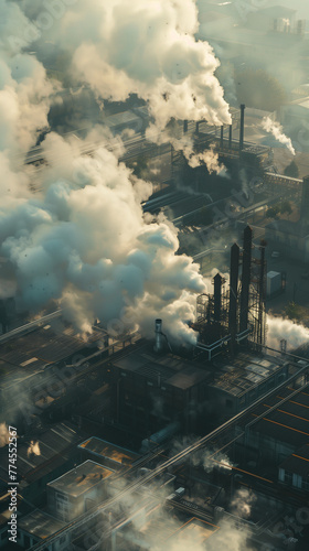 Aerial view of sunrise illuminating an industrial plant’s smoke emissions, creating a dramatic atmosphere. Background for a vertical wallpaper.