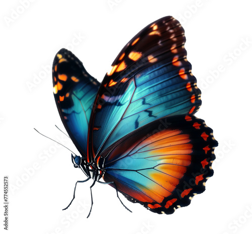  A beautiful butterfly with blue, yellow, and orange hues gracefully in flight, isolated against a transparent background. Made with generative AI technology