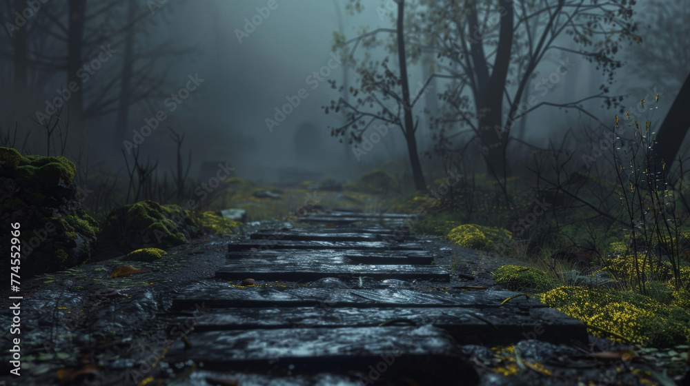 The cool night air carries the faint scent of moss and damp earth filling the senses with the wildness of the abandoned pathway. . . - obrazy, fototapety, plakaty 