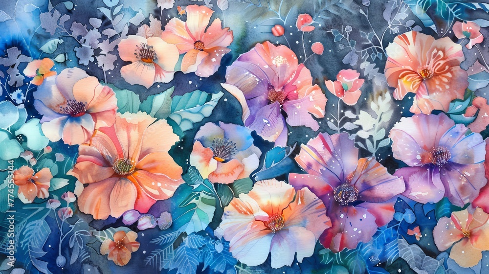 Fantasy night garden, illuminated blossoms and nectar-rich blooms, fragrance fills the air, in dreamy pastel watercolors