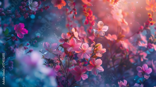 Close-up on a fantasy garden, blooming under a pastel nightlight, springtime blossoms radiating magic