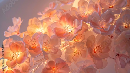 Whimsical nightlight illuminating a cascade of pastel blossoms and petals  evoking a serene  magical springtime aura