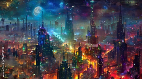 A panoramic view showcases the mesmerizing chaos of an urban jungle at night. The colorful lights form a labyrinth of streets and buildings illuminated by the glow of the