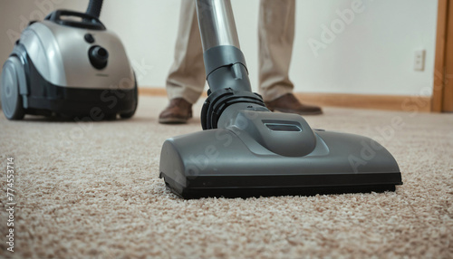 Professional carpet cleaning service janitor using vacuum commercial carpeting meticulously groomed by janitorial equipment - ideal for advertising cleaning businesses, vacuums or floor maintenance