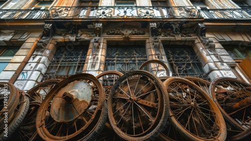 A composition of several rusted bicycle wheels stacked in a pile in front of a vintage building adorned with intricate architectural details. The contrast between the delicate