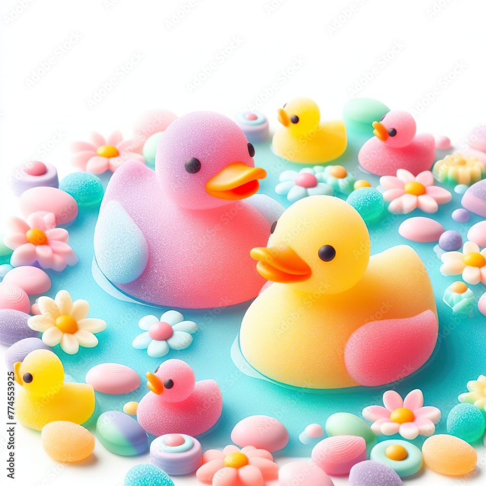 a couple duck in water made of pastel color rainbow gummy candy on a white background a couple duck in water made of pastel color rainbow gummy candy on a white background
