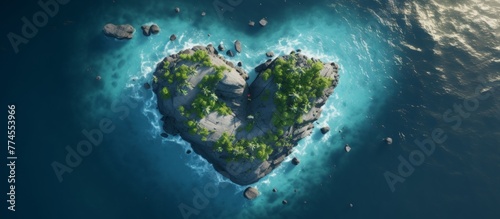 Lone heart-shaped island adrift in the vast expanse of the ocean, a serene and beautiful sight to behold
