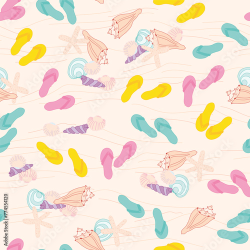 Colorful Flip Flops and Seashells seamless pattern print background