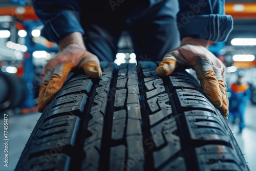 tire at repairing service garage background. Technician man replacing winter and summer tire for safety road trip. Transportation and automotive maintenance concept.