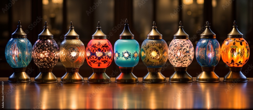 A close up of a row of beautiful and vibrant glass lamps arranged neatly on a table, casting a colorful glow A close up of a row of beautiful and vibrant glass lamps arranged neatly on a table, casting a colorful glow