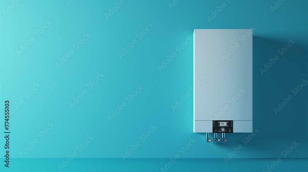 Residential heating and energy conversation exemplified by a gas boiler set on a blue background, focusing on home comfort, high-resolution - obrazy, fototapety, plakaty 