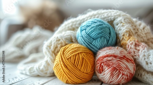 The cozy art of knitting from threads captured on a white wooden table, embodying the warmth of home crafts, close-up