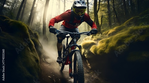 A close-up of a mountain biker taking on a challenging downhill trail,