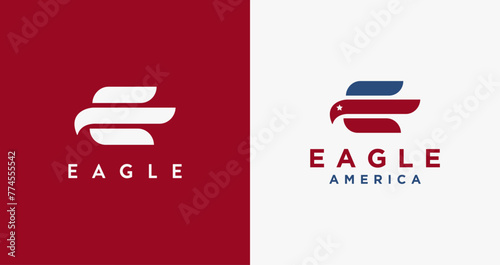 Abstract E letter for eagle logo icon vector template on red white background, American eagle logo photo