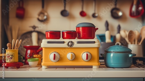 A colorful toy kitchen set with miniature pots, pans, and utensils
