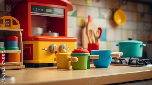 A colorful toy kitchen set with miniature pots, pans, and utensils © Visual Aurora