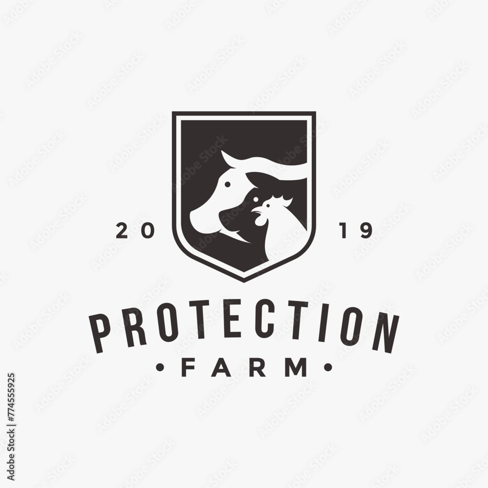 ow, pig and rooster in the shield, farm and barn protection logo template vector template on white background