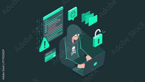 information security, hacker using a computer, computer virus animation 4k
 photo